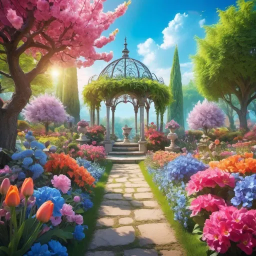 Prompt: Vibrant fantasy landscape of a magnificent garden, colorful spring flowers, blue sky, high quality, fantasy style, vibrant color tones, detailed floral arrangements, magical atmosphere, ethereal lighting, dreamy scenery