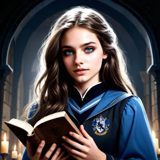 Prompt: Fantasy illustration of a young brown-haired woman with blue/grey eyes holding a book, wearing the Ravenclaw uniform, mystical fantasy style, detailed eyes, magical atmosphere, high quality, mystical, detailed, fantasy, Ravenclaw uniform, book, blue/grey eyes, brown hair, magical lighting