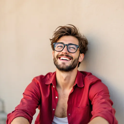 Prompt: A young man sits comfortably on the ground, flashing a broad smile that suggests a playful demeanor. His stylish glasses, adorned with a quirky accessory, contribute a sense of fun to his appearance, while his unbuttoned crimson shirt contrasts with the muted tones of the background, which features a textured, light-colored wall. The scene is bright and cheerful, hinting at a sunny day, and the subject's relaxed posture emphasizes a casual, carefree attitude. The warm color palette and soft focus around him enhance the inviting atmosphere, capturing a moment of joy and spontaneity.