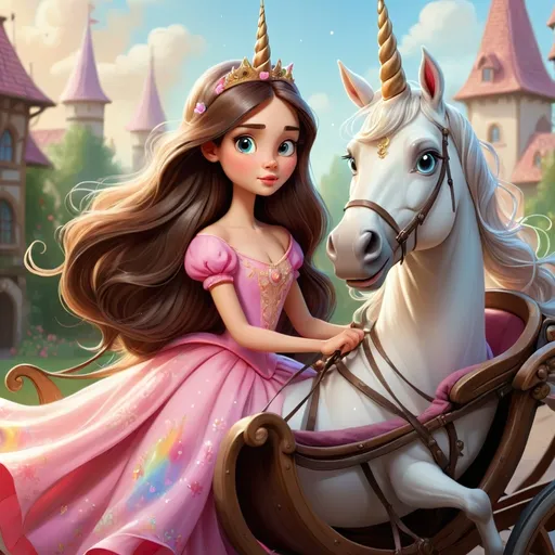 Prompt: long hair brunette princess, 
unicorn pulling carriage, illustration 