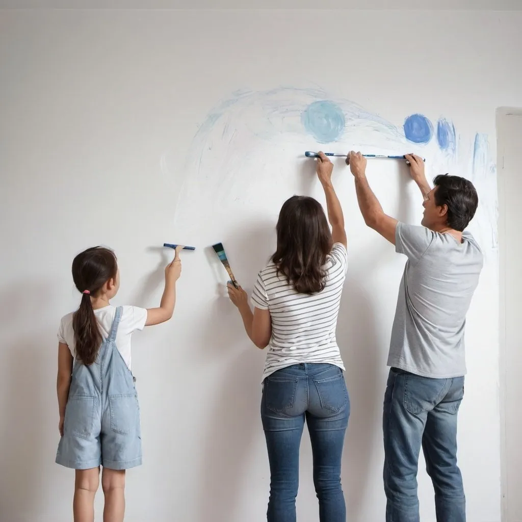 Prompt: parents painting the wall after kids drawing