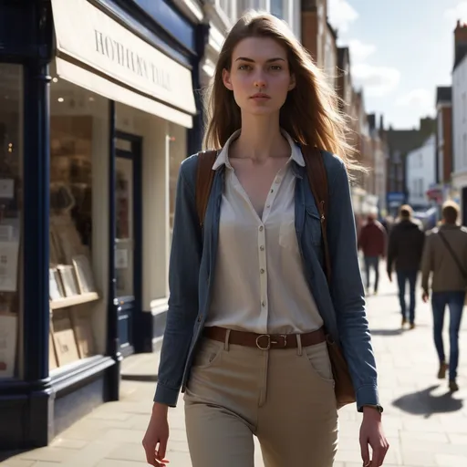 Prompt: Tall young woman walking down the high street, detailed clothing, realistic, natural lighting