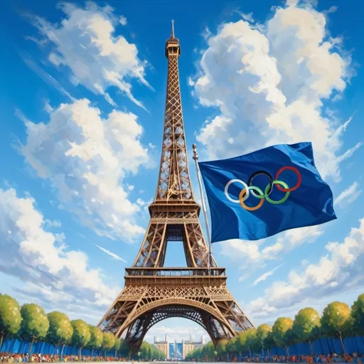 Prompt: (eiffel tower in blue), (olympic games flag), vibrant shades of blue, intricate details of the tower, deep azure sky background, soft white clouds, showcasing the energetic and celebratory atmosphere of the Olympics, warm sunlight reflecting off the tower, ultra-detailed, inviting and joyful ambiance, dynamic composition illustrating the spirit of unity and competition.