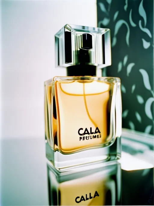 Prompt: Analog film photography still, portrait of a perfume bottle on a glass shelf,  the bottle has a label of a company called 'cala perfumes', company named cala, perfume label 'Cala perfumes', professional background, advertising picture.