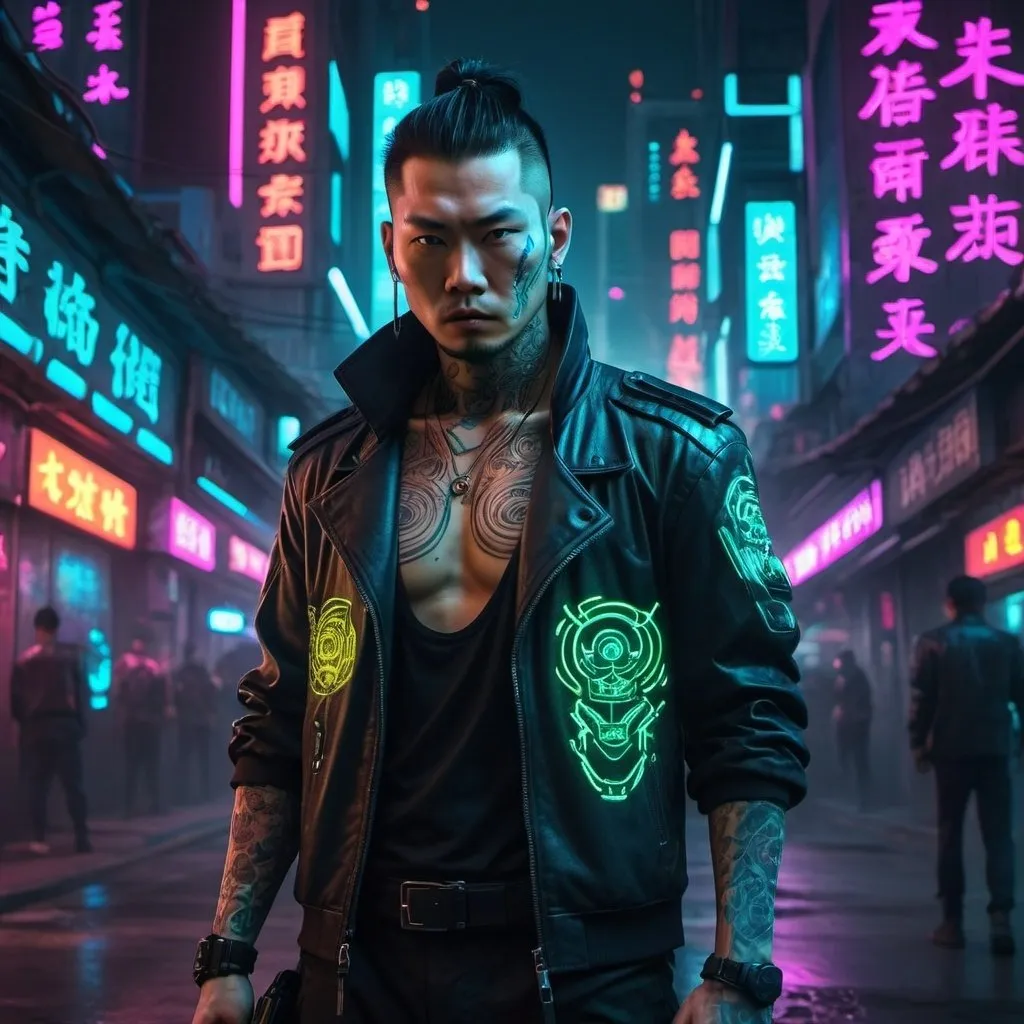 Prompt: Cybernetic enhanced Chinese triad gangster in a neon-lit cyberpunk city, detailed cybernetic enhancements, traditional Chinese tattoos, high-tech weaponry, futuristic urban environment, intense and dangerous aura, 4k, ultra-detailed, cyberpunk, game style, neon-lit, Chinese triad, cybernetic enhancements, futuristic, high-tech weaponry, detailed tattoos, intense gaze, urban environment, atmospheric lighting