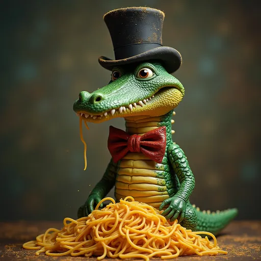 Prompt: Brainrot a crocodile turning into Spaghetti wearing a bow tie and a top hat

