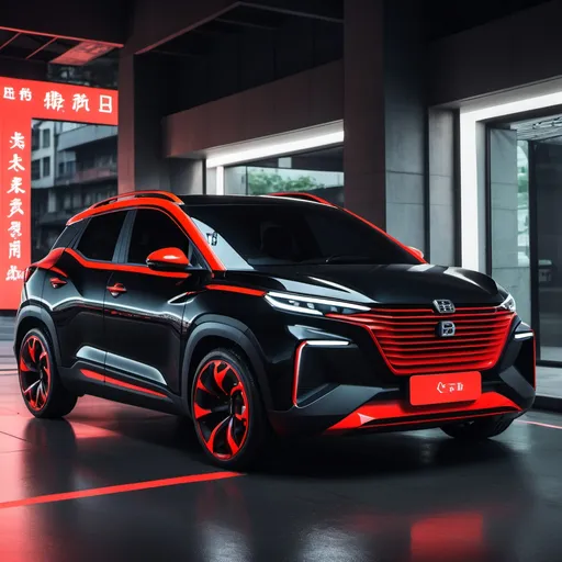 Prompt: A entry level car, black and neon red
 colours, big boot space, Beijing car design