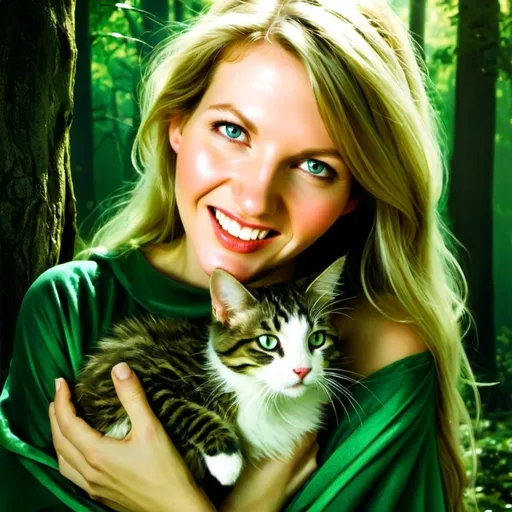 Prompt: Elf wizard with intricate emerald-colored robes, (graceful pose), elegant long-haired Cat in her arms, mystical ambiance, sparkling magical energy surrounding, enchanted forest backdrop, vibrant colors, warm golden light filtering through the trees, captivating expressions, (fantastical details) showcasing the high fantasy theme, ultra-detailed, HD.