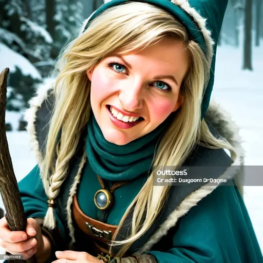 Prompt: female forest gnome witch. middle aged. located in icewind dale. outside in snowy nature. dungeons and dragons character. high fantasy