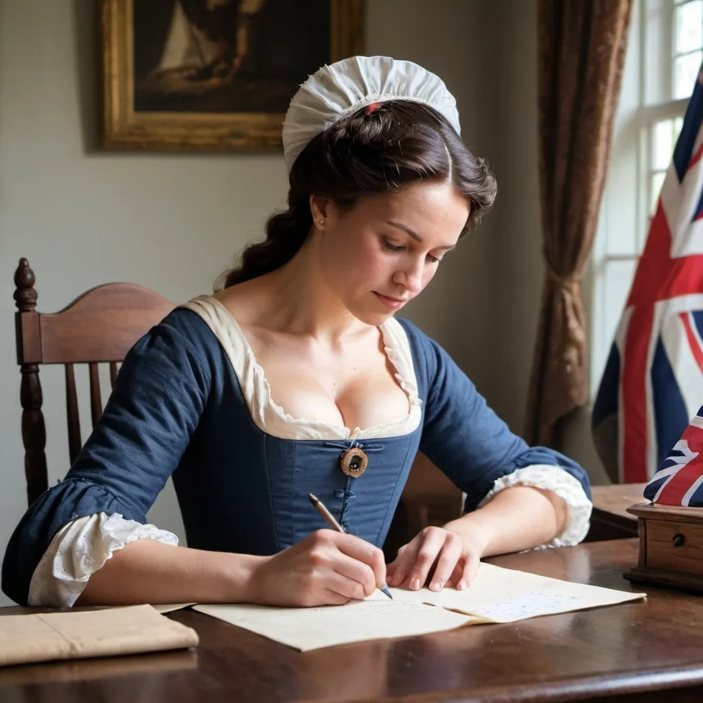 Prompt: A woman in colonial times is writing a letter.  She has a British flag. 