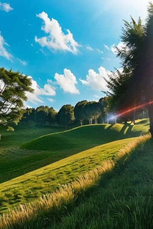 Prompt: Amidst rolling green hills under a bright blue sky, the vibrant pink letters spelling "Buongiorno" rise prominently in a lush landscape, creating a cheerful focal point. Towering cypress trees line the horizon, their dark silhouettes contrasting beautifully with the vivid colors of the scene. Bathed in soft sunlight, the hills are alive with a rich, grassy texture, enhancing the harmonious mood of the setting. The overall atmosphere conveys warmth and positivity, inviting viewers to embrace the beauty of a new day in nature's serene embrace.
