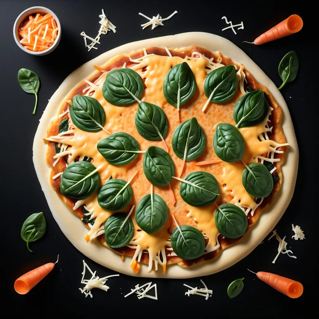 Prompt: A pizza pancake with spinach, carrots, and shredded cheese on a black surface with a black background, Ed Benedict, lyco art, food photography, a jigsaw puzzle