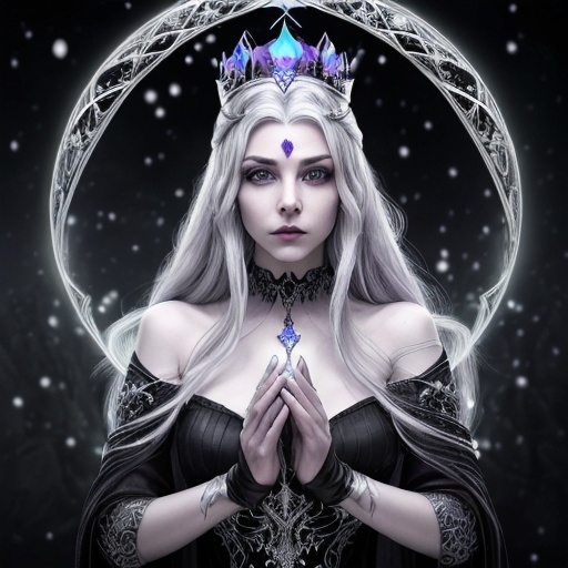 Prompt: A sorceress with piercing grey eyes and snow silver hair is often described as mysterious and powerful. The contrast of her silver hair and light eyes can be striking and alluring, suggesting a complex and intriguing personality. The purple jewelry sparkle in the moonlight. A staff made out of black wood adorned with a large purple ball of light.  The black gown adorned with jewels gently sways in the wind. Her crown gleams with a evil light
