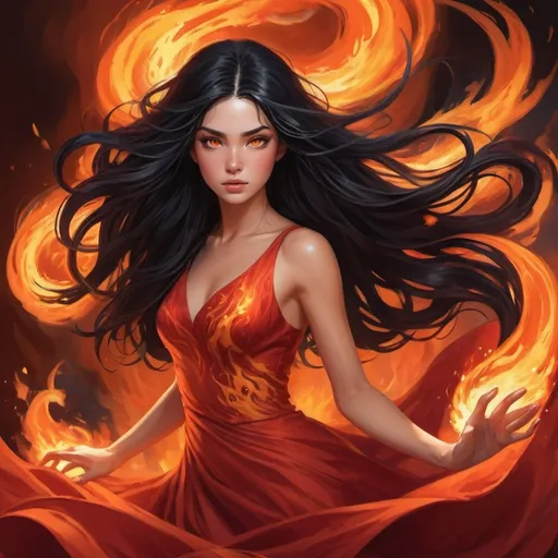Prompt: Beautiful girl with black hair, playful red dress, swirling flames, flowing long hair, intense gaze, high-quality illustration, vibrant colors, dynamic fire effects, detailed hair strands, fantasy art style, warm tones, dramatic lighting, orange eye color, cute, detailed