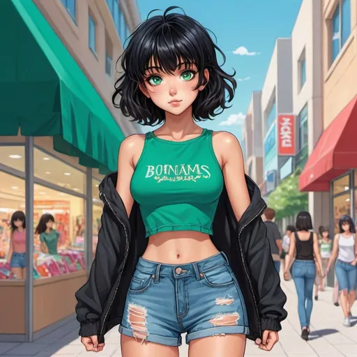 Prompt: Anime illustration of a cute teenage girl, with wavy short black hair with bangs, mid-tan skin, emerald green eyes, a black crop top, ripped denim pants, detailed eyes, anime, casual style, vibrant colors, high res, at the mall with shopping bags, light blue denim, cute
