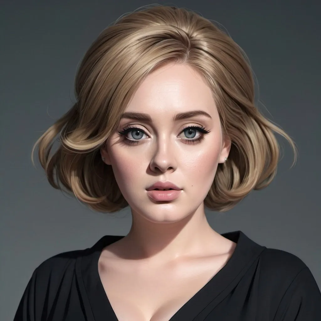 Prompt: Adele in anime style, detailed facial features, sleek hairstyle, elegant attire, professional lighting, high res, anime, detailed eyes, cool tones, grey background, atmospheric lighting