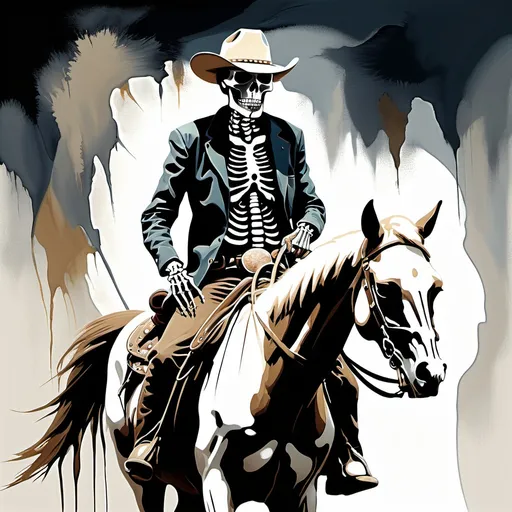 Prompt: skeleton cowboy on horse with abstract feel to it. Painting