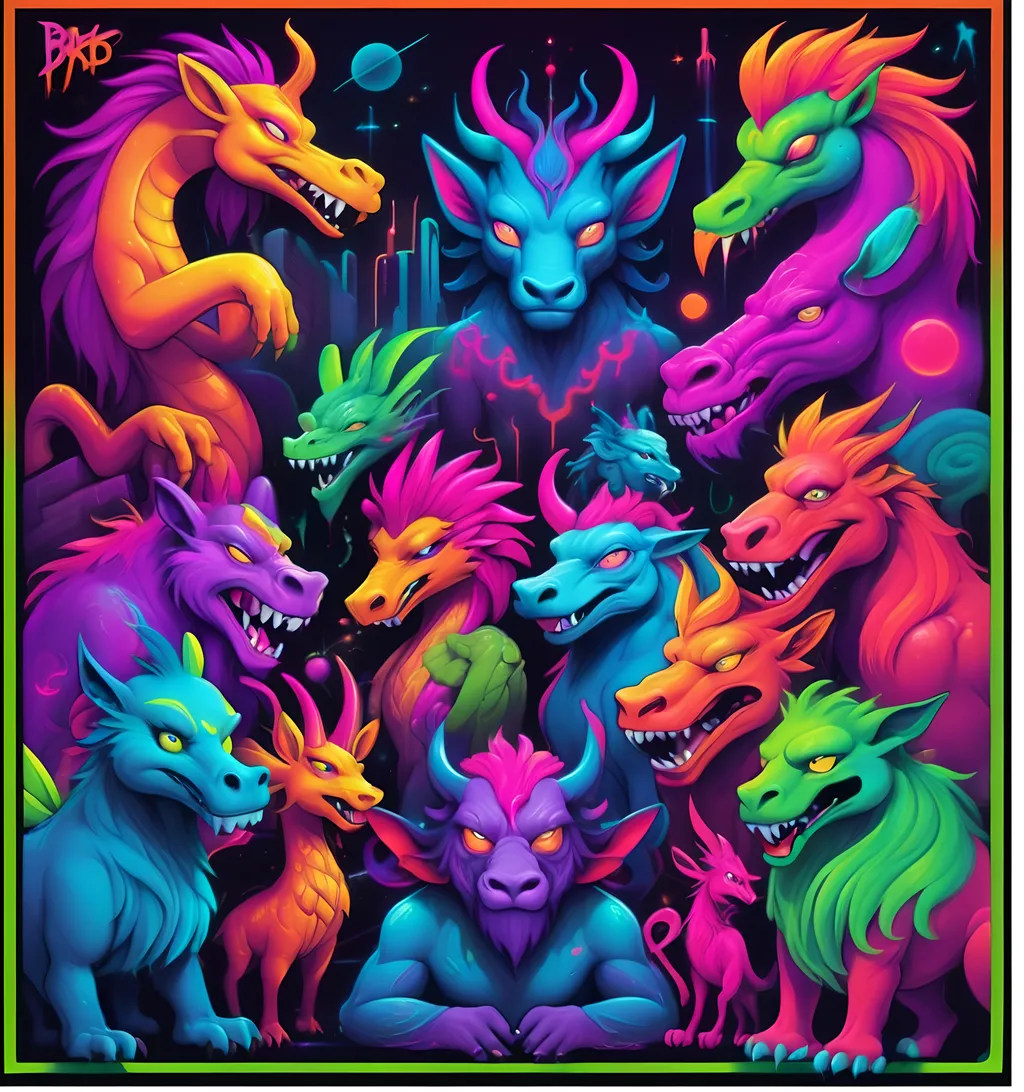 Prompt: Album cover , Cartoon, mythical creatures, neon color palette, graffiti art style 