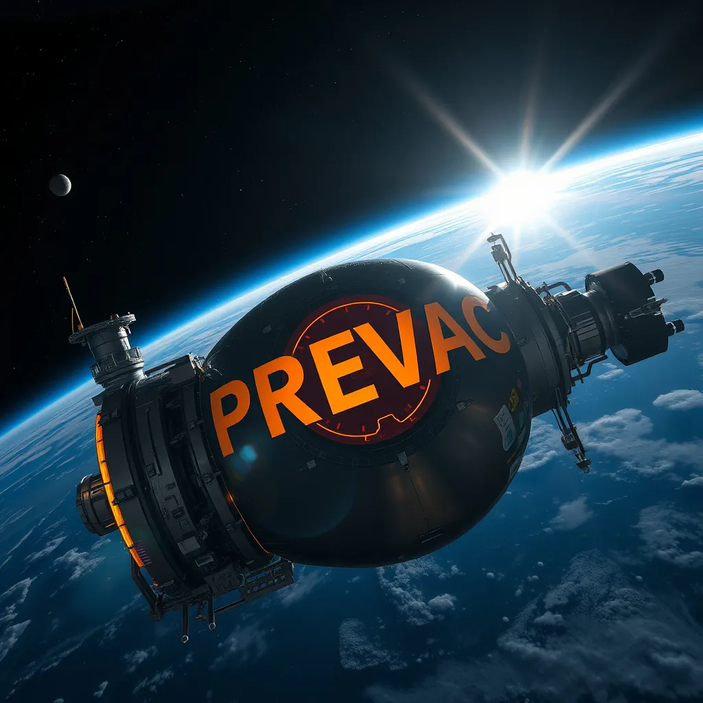 Prompt: An epic view of the PREVAC vacuum chamber taken from the prevac.pl page with the large PREVAC written on the housing, illuminated by the Sun, in orbit around the Earth, with stars and planets visible. Exterior image