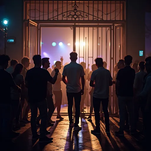 Prompt: Closed gate in an event of music, one male inside the gates, while a group of drunk people are outside wanna dance inside the gate, holding beers.