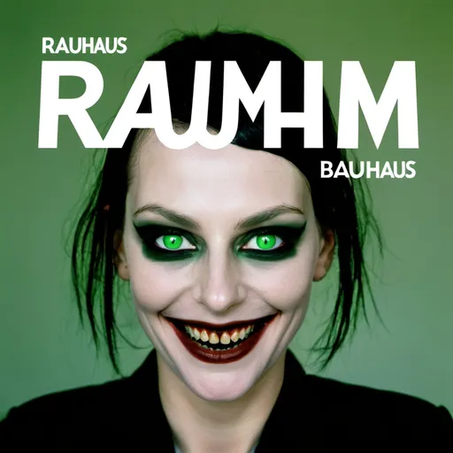 Prompt: a woman with green eyes and a creepy smile on her face with the words raumm above her, Bauhaus, bauhaus, raw, an album cover