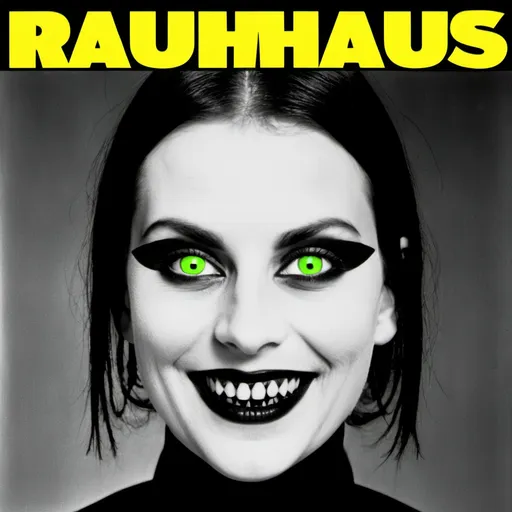 Prompt: a woman with green eyes and a creepy smile on her face with the words raumm above her, Bauhaus, bauhaus, raw, an album cover