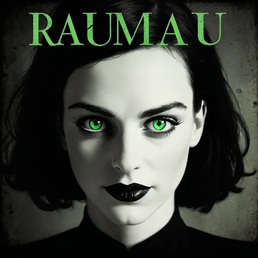 Prompt: Creepy impression of a woman, green eyes glinting with mischief, a chilling smile revealing hidden depths, vintage Bauhaus aesthetic, stark contrasts and geometrical shapes surrounding her, words "raumm" elegantly integrated above her, dark and unsettling ambiance, striking yet alluring composition, sharp lines and raw textures, captivating and haunting, ultra-detailed, HD.