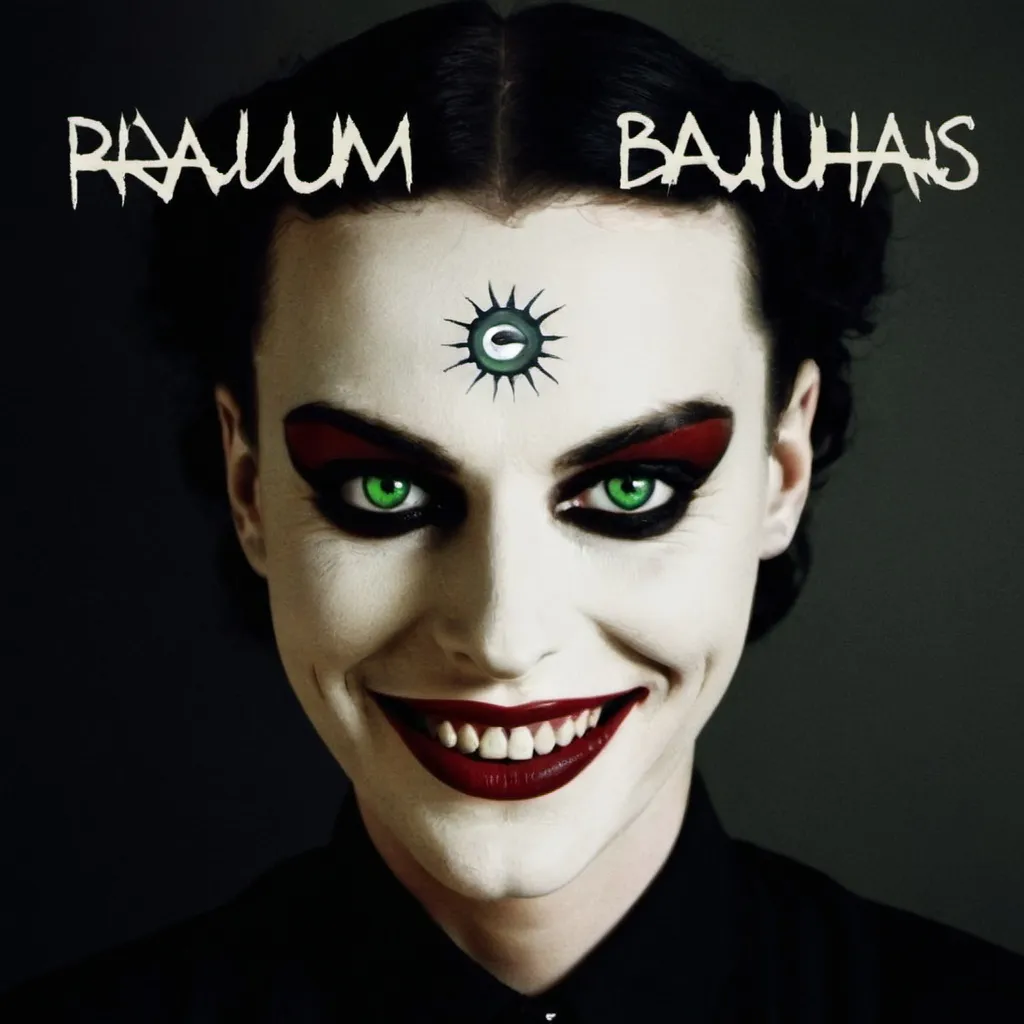Prompt: a woman with green eyes and a creepy smile on her face with the words raumm above her, Bauhaus, bauhaus, raw, an album cover