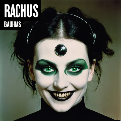 Prompt: a woman with green eyes and a creepy smile on her face with the words raumm above her, Bauhaus, bauhaus, raw, an album cover