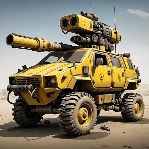 Prompt: A heavily armored, post-apocalyptic yellow vehicle with four rugged, oversized wheels, covered in dirt and battle scars. A massive, makeshift gun turret is mounted on top, resembling a scavenged minigun or railgun, with additional plating and wires running along its frame. The back of the vehicle features another deadly firearm, possibly a high-caliber machine gun or a flamethrower, ready to incinerate anything in its path. The design is inspired by Mad Max, featuring a mix of rusted metal, exposed engines, and aggressive, spiked reinforcements. The vehicle’s aesthetic is a fusion of Beeple's futuristic grunge, the hyper-realistic rendering of Frostbite 3 engine, and the raw, dystopian energy of Cobra concepts. The setting is a vast, desolate wasteland with a dust storm brewing in the background, evoking a sense of relentless survival and chaos.