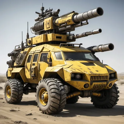 Prompt: A heavily armored, post-apocalyptic yellow vehicle with four rugged, oversized wheels, covered in dirt and battle scars. A massive, makeshift gun turret is mounted on top, resembling a scavenged minigun or railgun, with additional plating and wires running along its frame. The back of the vehicle features another deadly firearm, possibly a high-caliber machine gun or a flamethrower, ready to incinerate anything in its path. The design is inspired by Mad Max, featuring a mix of rusted metal, exposed engines, and aggressive, spiked reinforcements. The vehicle’s aesthetic is a fusion of Beeple's futuristic grunge, the hyper-realistic rendering of Frostbite 3 engine, and the raw, dystopian energy of Cobra concepts. The setting is a vast, desolate wasteland with a dust storm brewing in the background, evoking a sense of relentless survival and chaos.