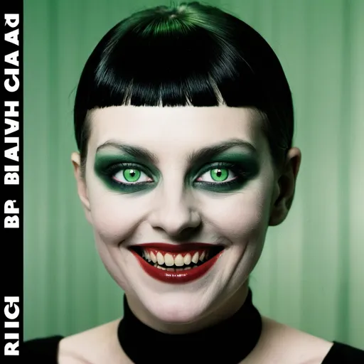 Prompt: a woman with green eyes and a creepy smile on her face with the words raumm above her, Bauhaus, bauhaus, raw, an album cover