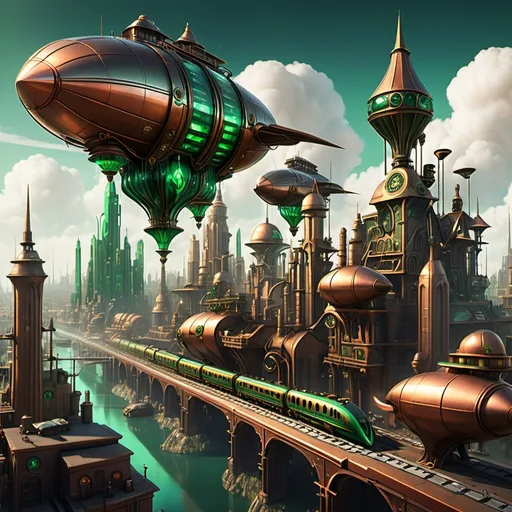 Prompt: 2 mile Distant view from afar of a Hyper stylized steampunk emerald city with a train in the distance leaving the city and tiny zeplin airships in the distant skes. Copper and gold spires. A city of industry 