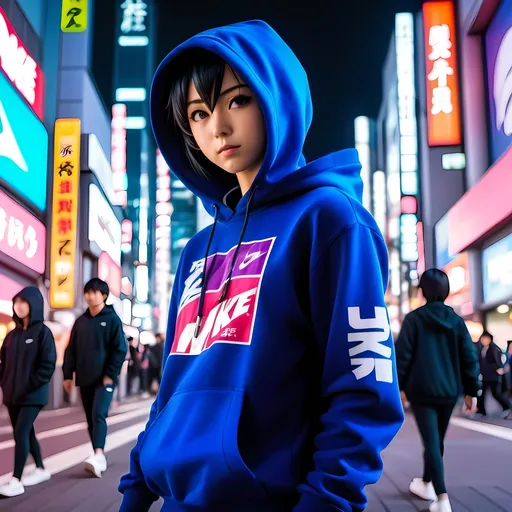 Prompt: (Anime character wearing nike hoodie), vibrant colors, high contrast, dynamic pose, expressive facial expression, exciting atmosphere, background of a bustling Tokyo street, neon lights, night setting, high-detail 4K, cinematic quality, intricately designed nike hoodie, anime style, scenescape includes billboards, shop signs, and street vendors, ultra-detailed features, stylish and modern, youthful energy, visually engaging, detailed environment, anime genre touches