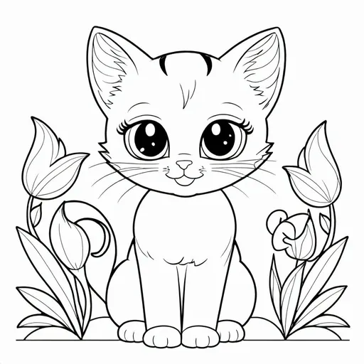 Prompt: Small pretty cat looks to a miffor, coloring book page for kids 4 years, black countour lines, black and white