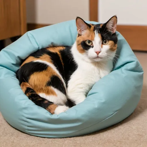 Prompt: A calico cat in a beanbag chair
