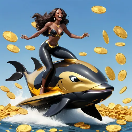 Prompt: Gold killer whale jumping out of a sea of gold coins with black classy woman on a jetski
