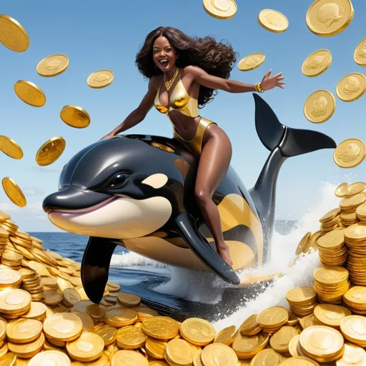 Prompt: Gold killer whale jumping out of a sea of gold coins with black classy woman on a jetski
