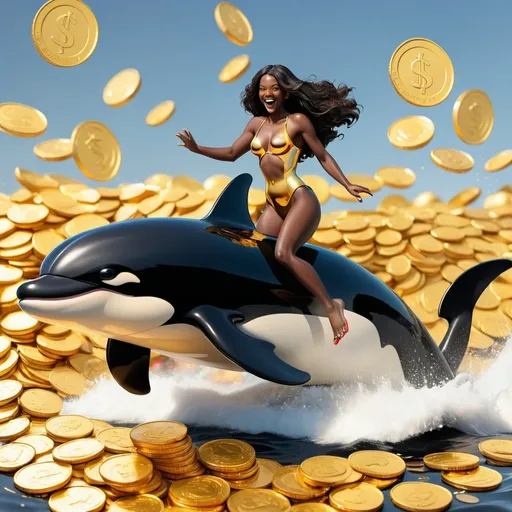 Prompt: Gold killer whale jumping out of a sea of gold coins with black classy woman on a jetski
