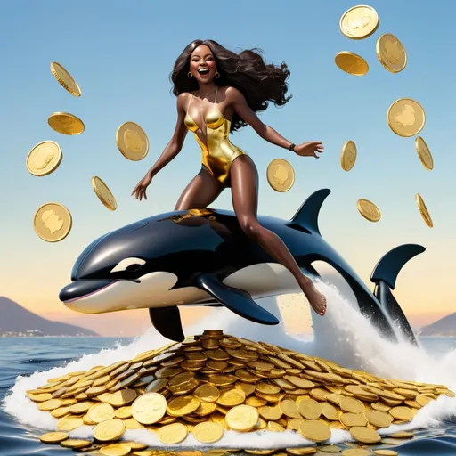 Prompt: Gold killer whale jumping out of a sea of gold coins with black classy woman on a jetski
