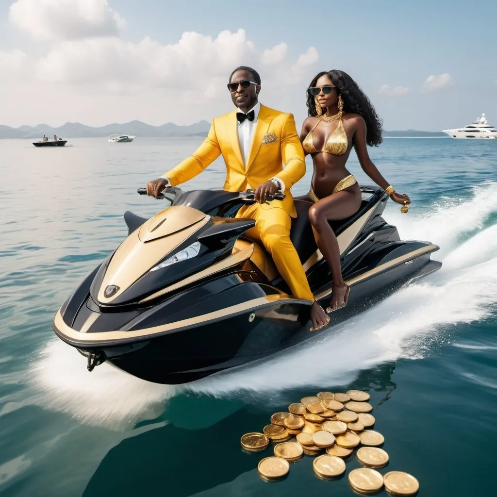 Prompt: Rich black man and rich woman on jetski  out of the sea of gold  coins next to a luxurious yacht 