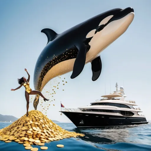 Prompt: Gold killer whale jumping  out of the sea of gold  coins next to a luxurious yacht with classy black rich  woman watching