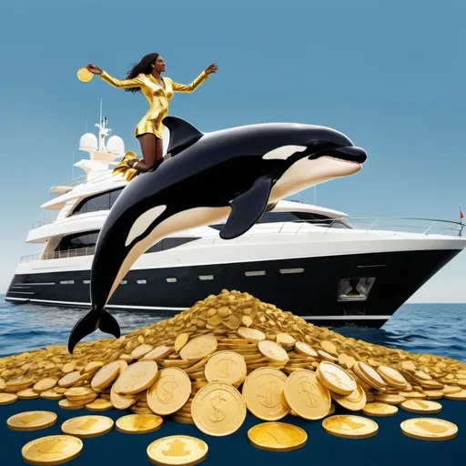 Prompt: Gold killer whale jumping  out of the sea of gold  coins next to a luxurious yacht with classy black rich  woman watching