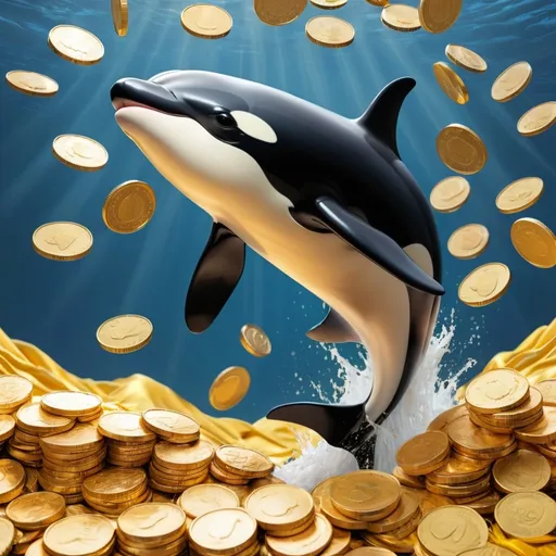 Prompt: Gold killer whale jumping out of a sea of gold coins