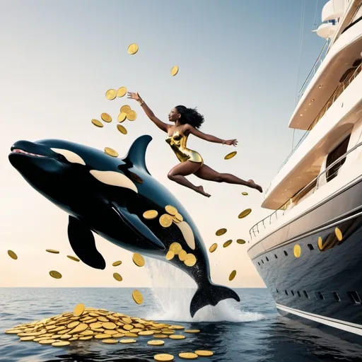 Prompt: Gold killer whale jumping  out of the sea of gold  coins next to a luxurious yacht with classy black rich  woman watching