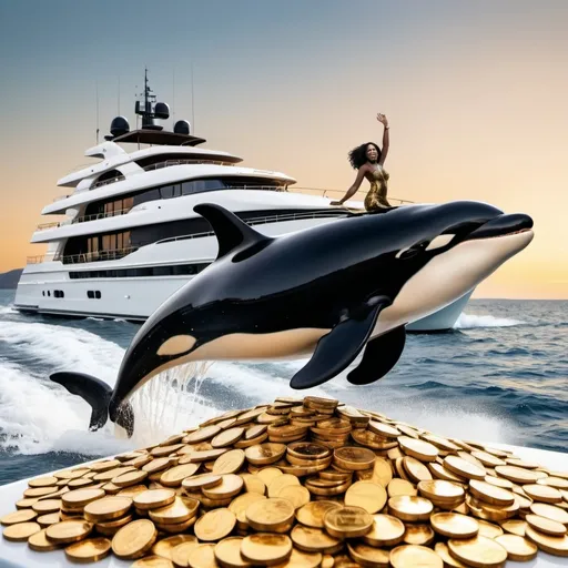 Prompt: Gold killer whale jumping  out of the sea of gold  coins next to a luxurious yacht with classy black rich  woman watching