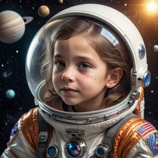 Prompt: young girl around seven to nine years old in a detailed astronaut suit, mature face despite her age serious eyes as the glow nice lighting in the nebula as she lands on her home island hair well taken care of a sense of nostalgia as she realizes all her childhood that was lost has finally been redeemed and a sense of relieve that she no longer has to fight with a detailed background with glass figure like skin as the sunshine bounces off her child like face with detailed earrings balancing tears on her face as the planets behind her shimmer like a glossy Milkyway with Metallic  reflect on her spacesuit very detailed props and background with silky smooth shading and accurate texture with Metallic lighting reflecting different colors