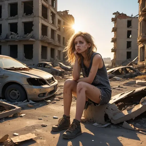 Prompt: full body view girl devastated, post-apocalyptic view torn clothes, torn shoes, ruins, building ruins, broken cars, golden hour sunshine, space view  starving children