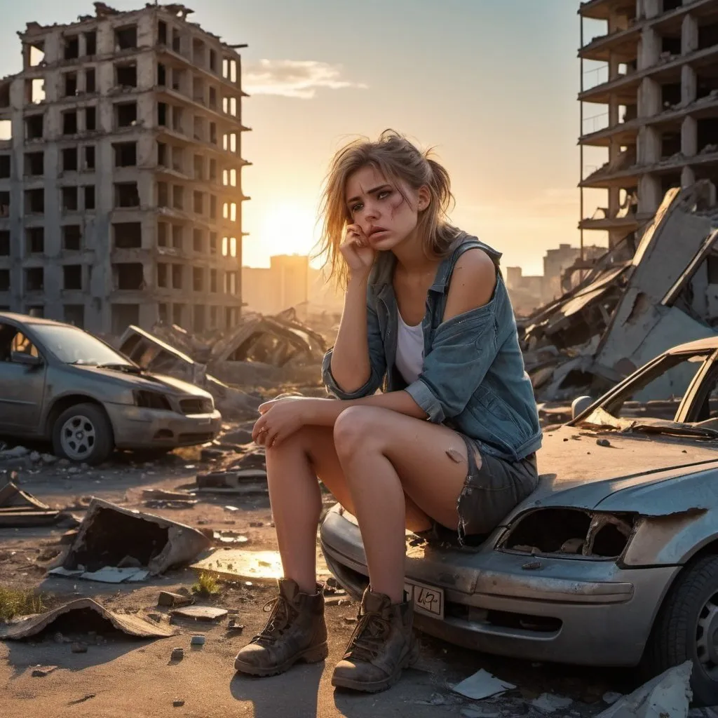 Prompt: full bodey view girl devastated, post-apocalyptic view torn clothes,torn shoes,ruins, building ruins,broken cars,golden hour sunshine, space view  