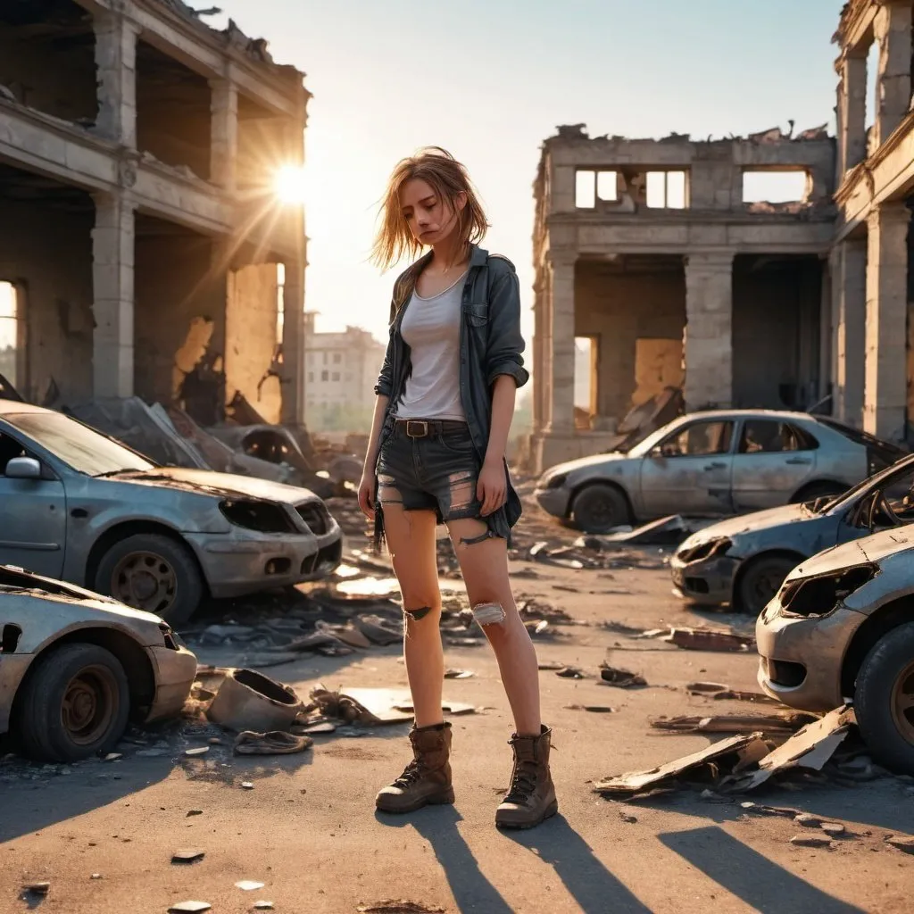 Prompt: full body view girl devastated, post-apocalyptic view torn clothes, torn shoes, ruins, building ruins, broken cars, golden hour sunshine, space view  